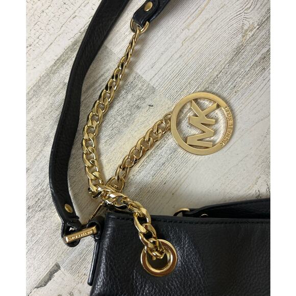 Michael Kors Black Leather Gold Chain Shoulder Hobo Bag Designer Logo Handbag - Picture 3 of 6